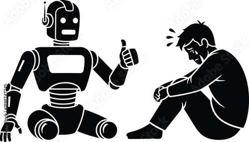 Robot pointing at stressed man in modern illustration