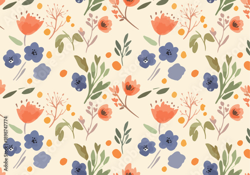 Colorful spring flowers scattered across a minimalist background in a joyful repeating pattern