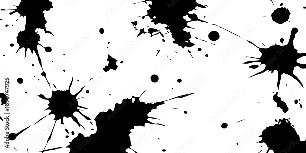 Fototapeta premium A black ink splat and grunge paint splatter design featuring a textured liquid spray, dirty brush strokes, and artistic drip stains on an isolated vector illustration element