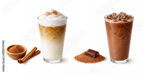Iced Cappuccino and Iced Mocha Coffee Isolated on White Background