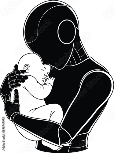 Robot tenderly holding and comforting a baby