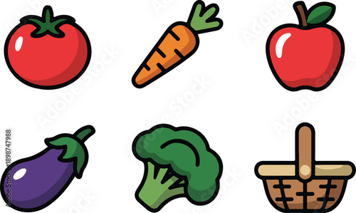 Healthy Food Icons Set with Glowing Effect Fruits, Vegetables, and Wellness Vector