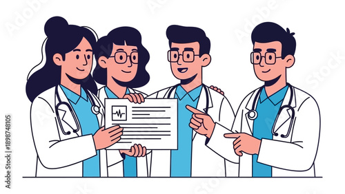 Medical professionals collaborating on a medical report: A team of dedicated medical professionals huddle together, engrossed in a medical report.