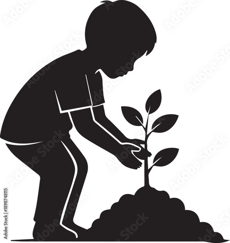 Child Planting Tree Silhouette Vector Illustration