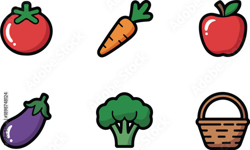 Healthy Food Icons Set with Glowing Effect Fruits, Vegetables, and Wellness Vector