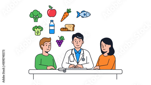 Dietician's Advice: A dietician advising a couple about balanced diet and healthy food options, promoting wellness and informed eating habits.