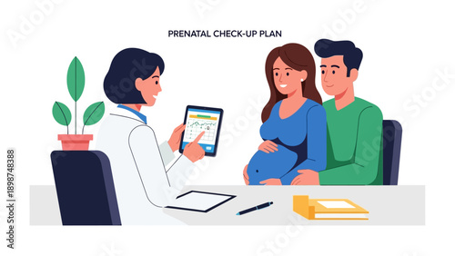 Prenatal checkup plan: An illustrated scene of a medical professional explaining the details of a prenatal check-up to an expecting couple, focusing on healthcare and family planning.