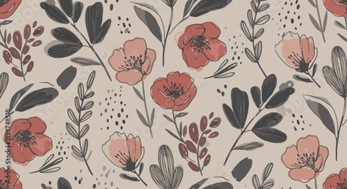 Seamless background of watercolor drawings of red flowers on a turquoise background with leaves and branches