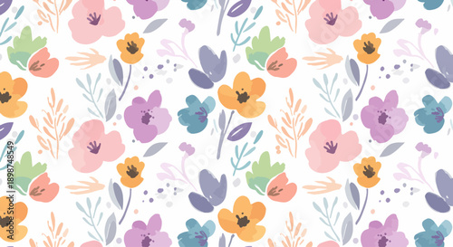 Seamless background of watercolor drawings of red flowers on a turquoise background with leaves and branches