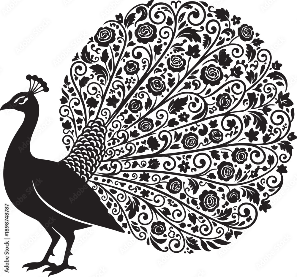 Fototapeta premium Minimalist solid black silhouette of a peacock with intricate floral tail patterns.