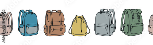 Colored Hand drawn Vector horizontal seamless pattern of Doodle Backpacks. Cartoon Casual Backpack, cool backpack sketch. Vector illustration. Back to school. Cute Schoolbag decorative element.