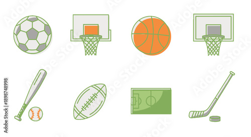 Collection of Sports Equipment Icons Featuring Balls and Goals.