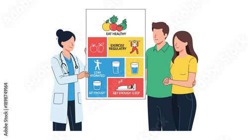 Healthy Living Consultation: A healthcare professional guides a couple through an illustrated roadmap to a healthy lifestyle, emphasizing the importance of nutrition, exercise, and balanced habits.