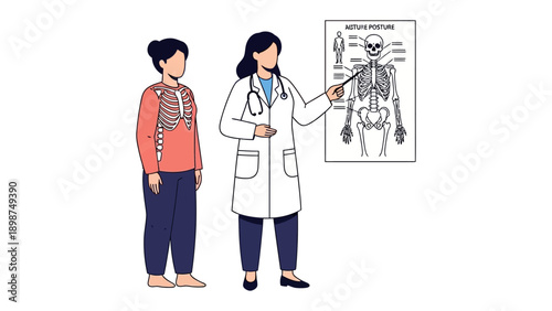 Doctor Explaining Skeleton: A caring doctor provides a patient with an insightful explanation of the human skeleton, using a detailed chart to clarify the intricate structure
