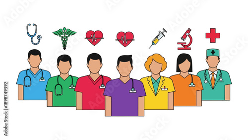 Healthcare Professionals Illustration: A cohesive group of medical practitioners is showcased with symbolic healthcare elements, representing dedication, care, and the pursuit of well-being.