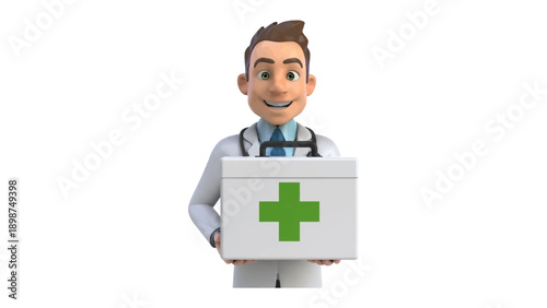 Doctor with Medical Box: A friendly doctor, the epitome of compassion, holds a first aid kit, radiating hope and health. Depicting healthcare, medical care, and professional medical services.