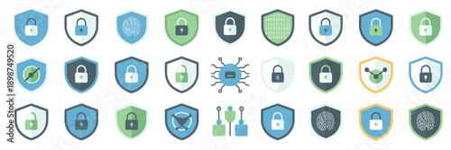 Cybersecurity shield icons in grid layout – Ideal for data protection software, web security interfaces, or IT privacy branding.