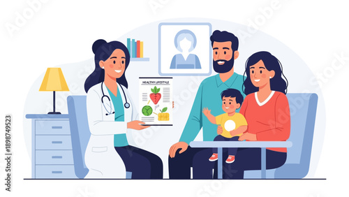 Family Doctor Consultation: A caring doctor provides tailored dietary guidance to a smiling family, emphasizing healthy eating habits for their young child. 