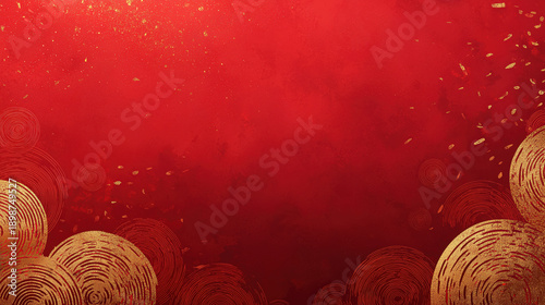 Chinese New Year celebration red background gold gradient confetti abstract holiday festival copy space, traditional festive backdrop with dust and circular pattern for greeting card and poster