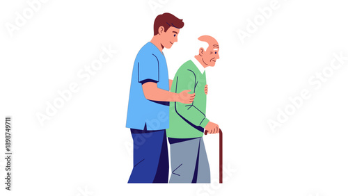 Helping Hand: An illustration showing a younger individual guiding an elderly person, their hands joined in a gesture of support and compassion. Depicting empathy and kindness in human interaction.