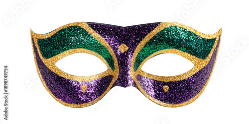 Glittering Purple and Green Sequin Masquerade Mask with Gold Trim on a Transparent Background. Isolated Clipart
