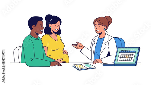 Doctor Consultation: A pregnant woman and her partner engage in a doctor's consultation, seeking medical advice and guidance.
