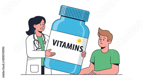 Doctor Recommending Vitamins: A doctor provides dietary supplements to a patient, symbolizing healthcare and wellness, focusing on the importance of vitamins and a healthy lifestyle.