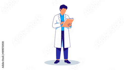 Doctor Recording Data: A professional doctor in a pristine lab coat meticulously records data on a clipboard, exemplifying a dedication to research, healthcare and knowledge.