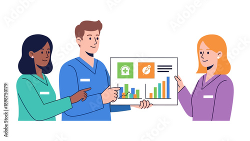 Healthcare Team in Discussion: A team of healthcare professionals collaborates, studying a data chart with icons, fostering a sense of teamwork and dedication to patient care.