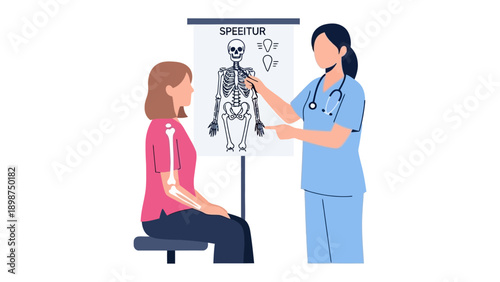Medical Consultation: A healthcare professional points to the human skeletal system chart, discussing the patient's condition, promoting health education.