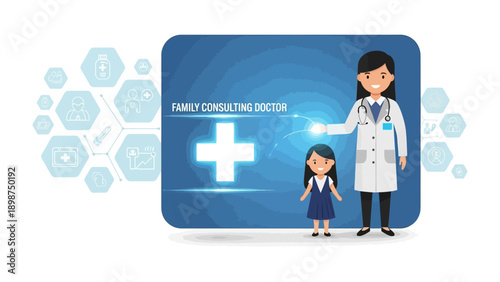 Family Consulting Doctor: A healthcare professional guides a young patient, illustrating a warm and comforting medical consultation atmosphere, a beacon of reassurance and expertise.