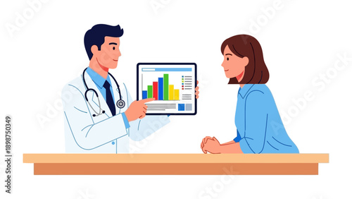 Health Consultation and Data Analysis: A medical professional engages in a discussion with a patient, highlighting data analysis on a digital device, symbolizing care, understanding, and progress.