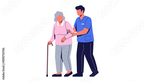 Caring Companion: A supportive caregiver gently assists an elderly woman, leaning on her cane, with a look of gentle concern, illustrating the compassionate bond between them.