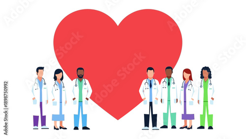 Heartfelt Healthcare: A compassionate team of medical professionals, united by their dedication to caring, stands against a vibrant red heart.