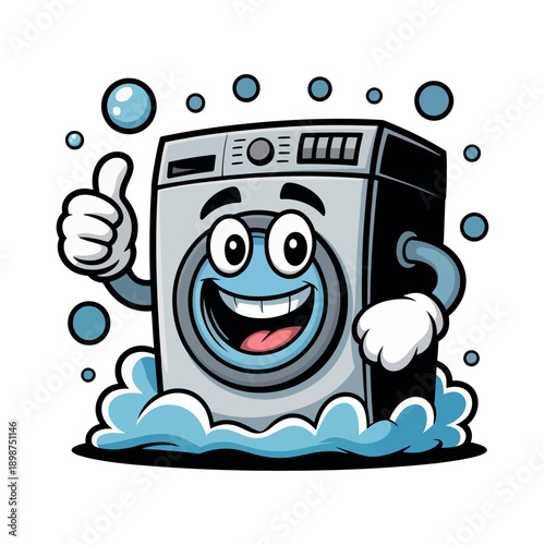 Washing machine mascot gives a cheerful thumbs up gesture while surrounded by soap.