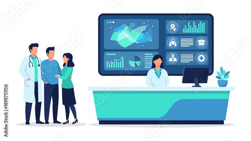 Healthcare Collaboration: A doctor consults with a couple as a receptionist is managing in front of the advanced screen, promoting the scene of healthcare and showing the advanced technology.