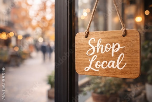 Wallpaper Mural Wooden shop local sign hanging on storefront window in autumn city Torontodigital.ca