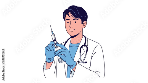 Dedicated Medical Practitioner: A composed doctor, clad in a crisp white coat and wearing protective gloves, meticulously prepares a syringe for a crucial injection.
