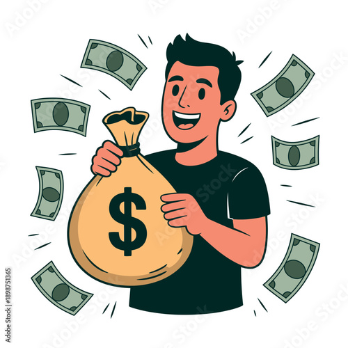 Happy young man holds a large money bag surrounded by flying dollar bills.