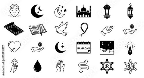 Islamic Icons and Symbols Collection Ramadan, Prayer, Mosque, Moon, Dove, and Worship