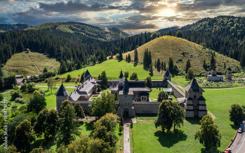 Tableau sur toile Aerial view with Sucevita Monastery, a famous religious heritage in Romania