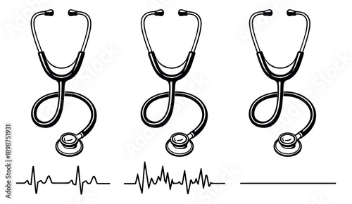 Hand drawn line art medical elements set featuring stethoscopes and heartbeat lines for healthcare design