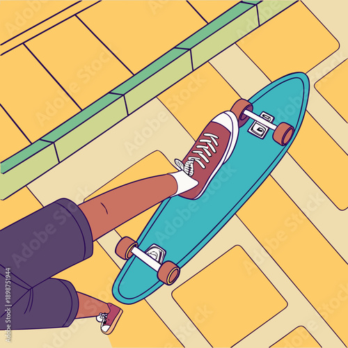 Teenager ride on longboard above view vector bright street design, feet in shorts and sneakers on skateboard on blue