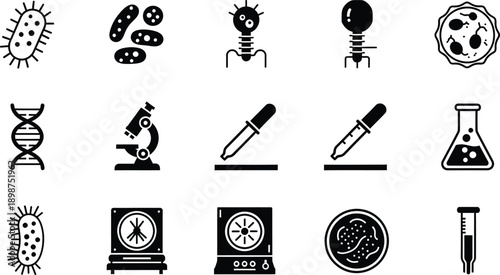 A collection of black and white icons representing microbiology, laboratory equipment, and biological concepts