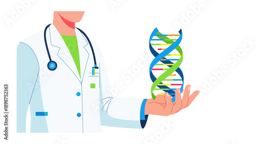 Genetics in Medical Perspective: A doctor presents a DNA strand, a symbol of life's blueprints, highlighting the intersection of medicine and scientific innovation.