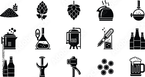 A set of black and white icons illustrating the beer brewing process from ingredients to final product