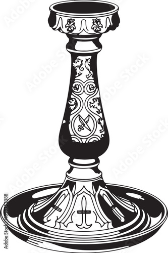 Detailed antique candle stand with heraldic symbols and crossed swords engraved on surface