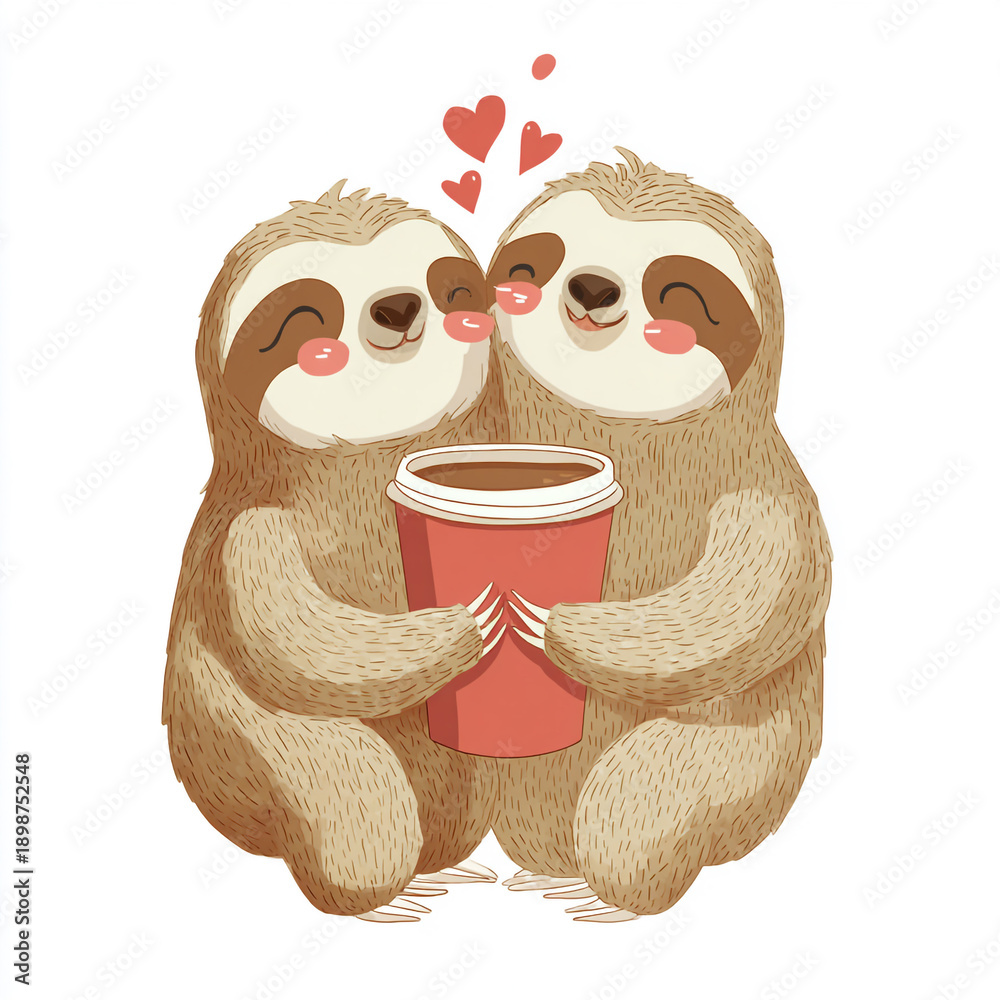 Obraz premium Romantic Sloth Couple Sharing a Large Coffee Cup with Hearts