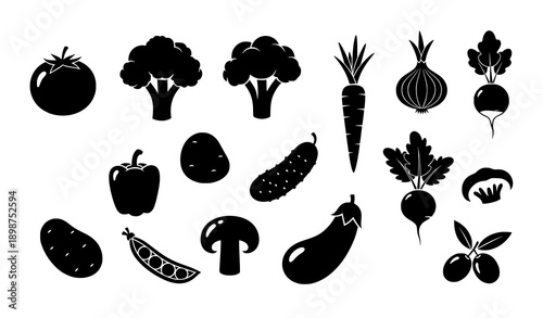 Minimal black vegetable silhouette icons scattered composition organic food vector set
