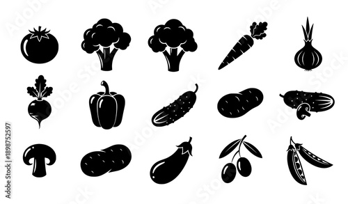 Black vegetable silhouette icon set for organic food and farm design flat vector illustration